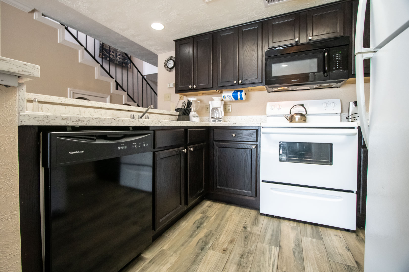 A renovated and fully equipped kitchen at VRI's The Landing at Seven Coves in Willis, Texas.